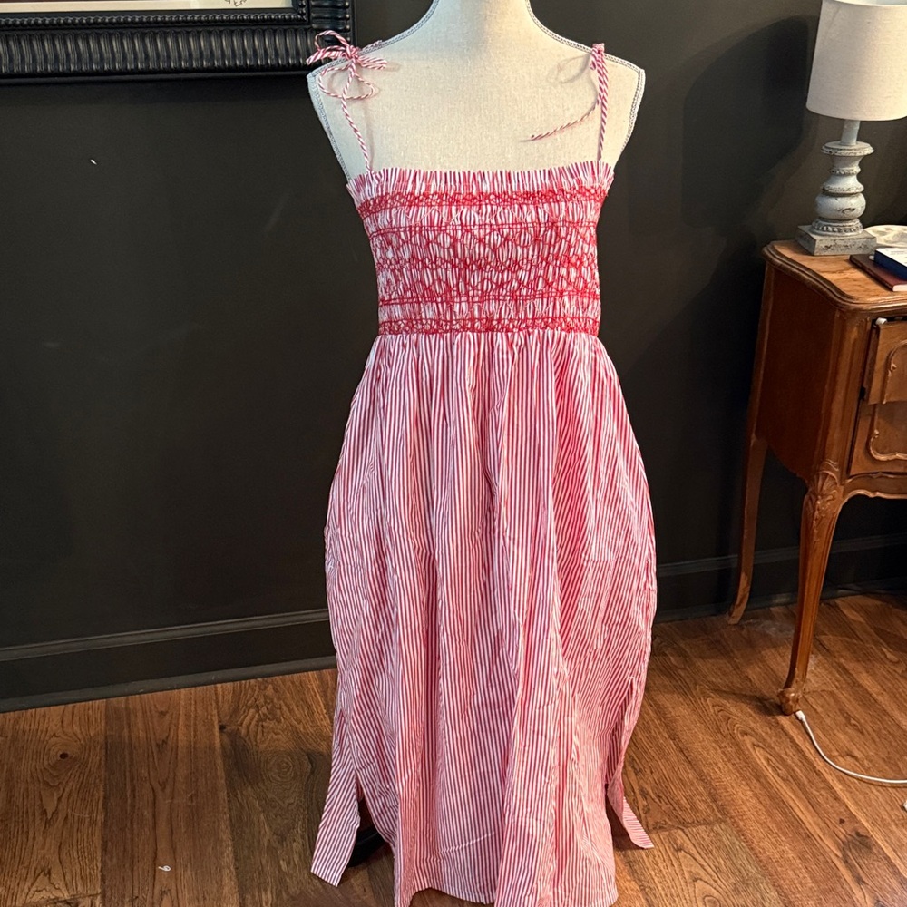 J Crew Red and White Striped Smocked poplin Dress